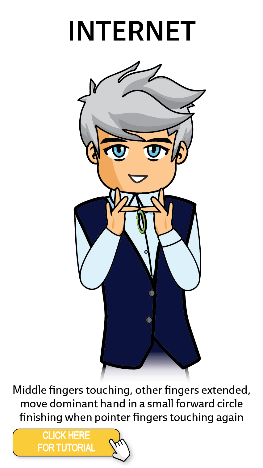 The Cérge character performing sign language for the word Internet. The Keyword Sign instructions are: Middle fingers touching, other fingers extended, move dominant hand in a small forward circle finishing when pointer fingers touching again